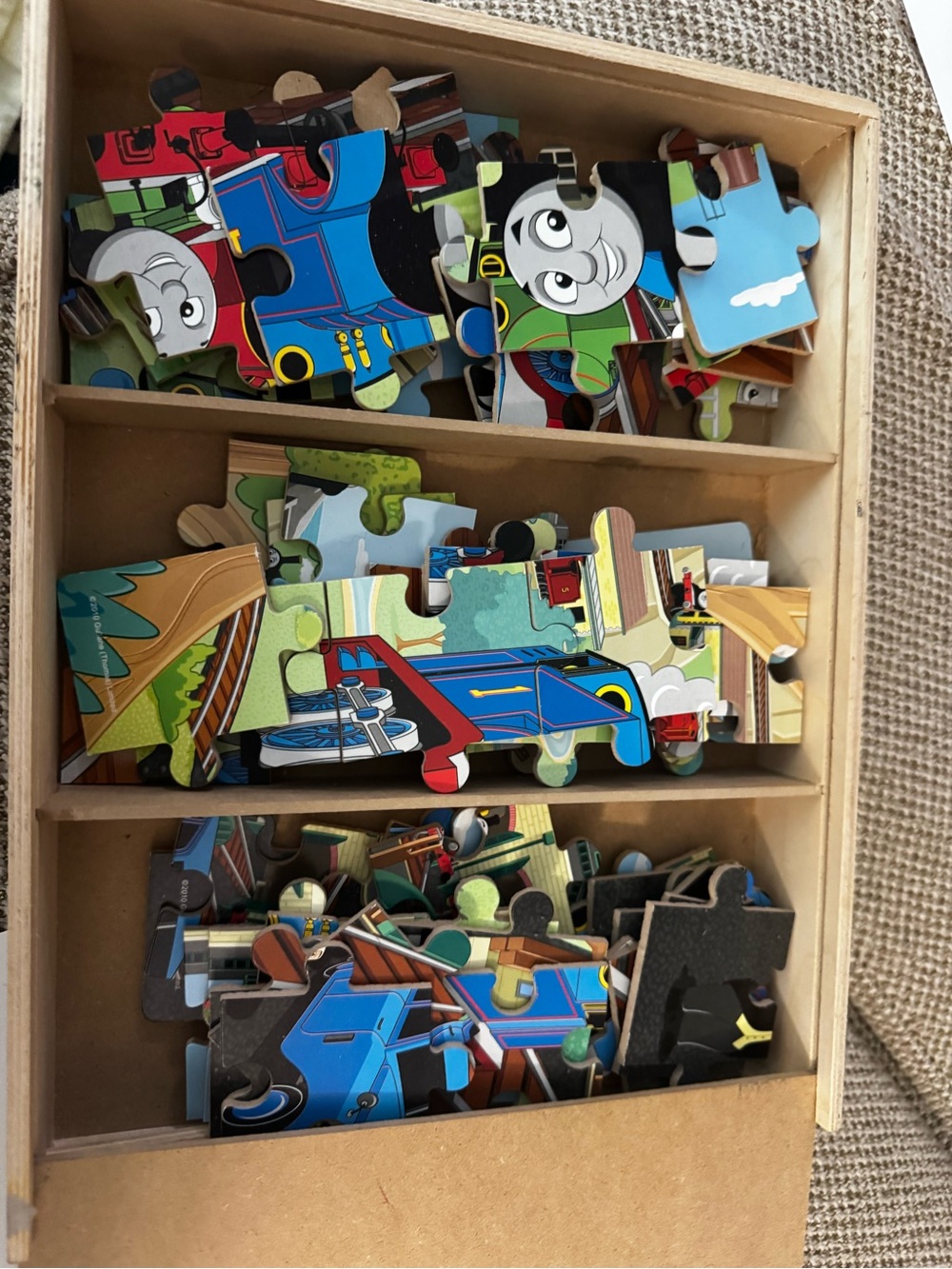 Thomas & Friends Colorful Blue Train Puzzle Pieces in Wood Organizer